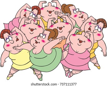 cartoon of nine ballerina ladies dancing (twelve days of christmas)