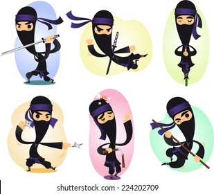 Cartoon ninja action illustrations