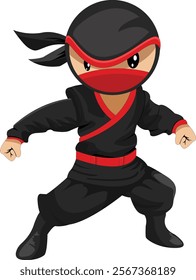 Cartoon ninja in black, red accents, fighting stance.