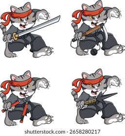 Cartoon Ninja Katze Zeichensatz mit Waffen, süß Krieger Stil