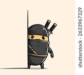 A cartoon ninja character, with a black mask and outfit, peeks around a wall, holding two crossed swords.
