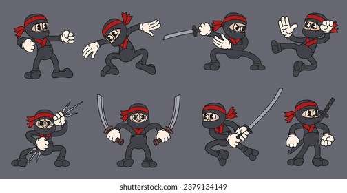 Cartoon ninja character. Karate warrior, stealth ninja with katana and assassin martial arts mascot vector set of ninja warrior cartoon character illustration