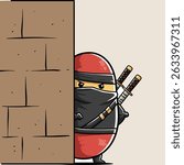 A cartoon ninja character, partially hidden behind a brick wall, holding two swords.