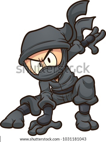 Cartoon ninja doing a three point landing. Vector clip art illustration with simple gradients. All in a single layer. 