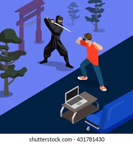 Cartoon Ninja Fight Game Screen Shot Concept Vector Illustration. Isometric 3d Flat Style Playing Video Game VR Glass. Man Fighting With Samurai By Hands. Sofa Laptop Carpet Room Nature Background.