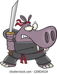 cartoon ninja hippo in a karate outfit with a sword