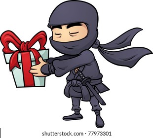 Cartoon ninja holding a gift box. Vector illustration with simple gradients. Ninja and sword on separate layers.