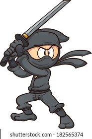 Caricatura ninja sosteniendo una espada. Ilustración de imagen prediseñada vectorial con gradientes simples. Todo en una sola capa. 