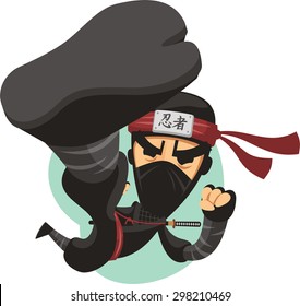 Cartoon Ninja Jumping Into A Fight With Sword Cartoon Illustration