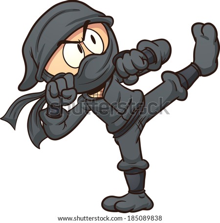 Cartoon ninja kicking. Vector clip art illustration with simple gradients. All in a single layer. 