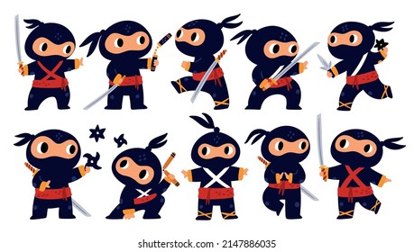 Cartoon Ninja. Little Funny Japanese Warrior With Different Weapon Types. Guy In Black Cloth And Red Bandage. Cute Character Fights With Katana Or Shurikens. Vector Asian