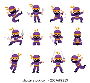 Caricatura ninja. El hombre en acción y combate diferentes posa karate. Carácter guerrero japonés con máscara. Asesinos con armas, soplones y shurikens. Posiciones de combate de vectores establecidas