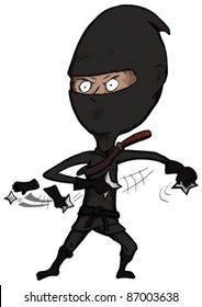 Cartoon ninja over white throws shuriken stars very fast