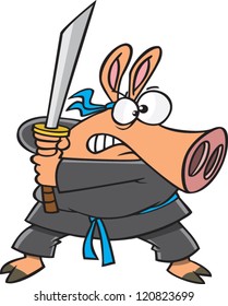 cartoon ninja pig in a karate outfit with a sword