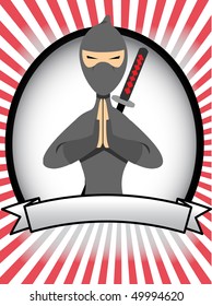 Cartoon Ninja Posing in Prayer Oval Banner Rays