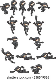 Dibujo ninja listo para la animación. Jumping, caída, arrojo y deslizamiento de acciones. Ilustración de imagen prediseñada vectorial con gradientes simples. Cada una en una capa separada. 