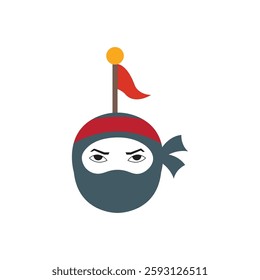 Cartoon ninja with red headband and flag suitable for martial arts, Japanese culture, ninja themes, children's designs, and educational resources.