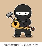 cartoon ninja vector character In one hand, holding a bag of cash and in the other a gavel with a black mask