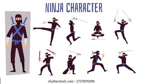 Caricatura de ninja, personaje guerrero ambientado en diferentes posiciones de lucha - japonés con traje negro entrenando para la pelea de katana. Ilustración vectorial aislada del asesino de shinobi