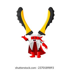 Cartoon nippers superhero character stands tall, wearing a vibrant red costume, cape flutters heroically behind, radiating strength, courage, and determination. Isolated vector cutting tool super hero
