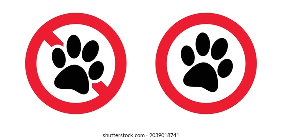 Cartoon no dog or pets area icon. Flat vector no dogs pictogram. Black silhouette of a dog. Paw print with prohibition symbol. With pet no access.