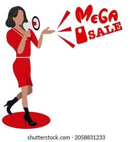 Cartoon no face a Beautiful young woman is wearing a red dress and high heels stand holding a megaphone shouting MEGA SALE.Vector isolate flat design concept for shopping mall sale season.