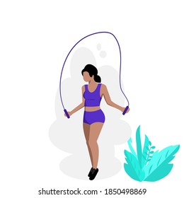 Cartoon no face of slim fit girl doing exercises with jumping rope,Woman wearing purple sportswear in outdoors activities in summer time. Movable girl  jumping having fun.Vector isolate flat design.
