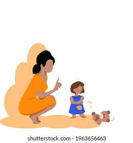 Cartoon no face young Mother wearing orange dress  is squatting and teaching her daughter who Standing with his arms folded after throwing the teddy bear on the ground .Vector flat design concept 