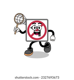 Cartoon of no left turn road sign catching a butterfly , character design