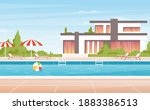 Cartoon no people luxury spa poolside with umbrella, lounge and modern mansion villa or tropical resort hotel building background. Water swimming pool summer vacation landscape
