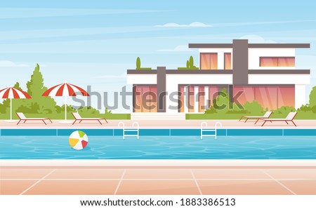 Cartoon no people luxury spa poolside with umbrella, lounge and modern mansion villa or tropical resort hotel building background. Water swimming pool summer vacation landscape