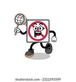 Cartoon of no right turn road sign catching a butterfly , character design