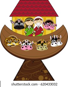 Cartoon Noah and Ark with Animals