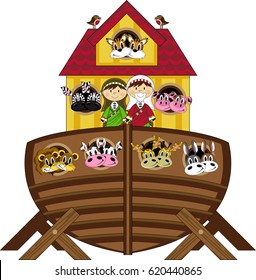 Cartoon Noah and Ark with Animals