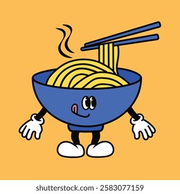 Cartoon noodle bowl with arms and legs, smiling face. Noodle bowl with chopsticks, cartoon style. Blue bowl, yellow noodles, playful design. Funky vector illustration.