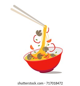 Cartoon Noodle Soup in Chinese Bowl Asian Food for Menus of Cafes and Restaurants Concept Flat Design Style. Vector illustration of Asia Ingredients Soup