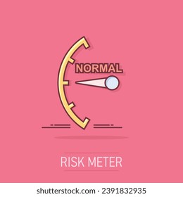 Cartoon normal level icon in comic style. Speedometer, tachometer sign illustration pictogram. Risk meter splash business concept.