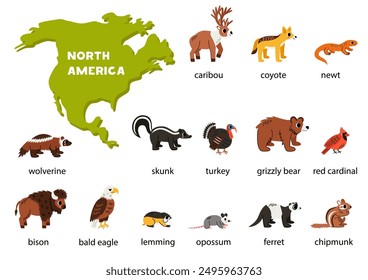 Cartoon north american animals set with names and map of North America.