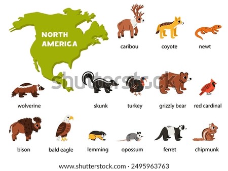 Cartoon north american animals set with names and map of North America.