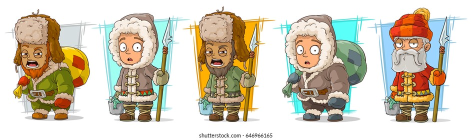 Cartoon north arctic fisherman with spear and basket character vector set