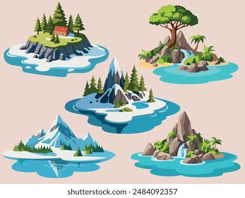 Cartoon nördliche und tropische Inseln. Abgelegene Landstücke mit Bäumen, Bergen und Wasserfällen, paradiesische unbewohnte Naturlandschaften, Wild-Elemente. Arktische und karibische Meer Vektorgrafik Set