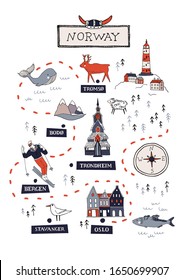 Cartoon Norway vector map. Travel Scandinavia concept. Nordic culture elements and landmarks set. Lighthouse, flora and fauna, church, skiing, scandinavian house. Hand drawn doodle style illustration.