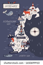 Cartoon Norway vector map. Travel Scandinavia concept. Nordic culture elements and landmarks set. Lighthouse, flora and fauna, church, skiing, scandinavian house. Hand drawn doodle style illustration.