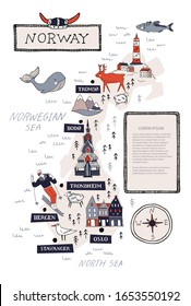 Cartoon Norway vector map. Travel Scandinavia concept. Nordic culture elements and landmarks set. Lighthouse, flora and fauna, church, skiing, scandinavian house. Hand drawn doodle style illustration.