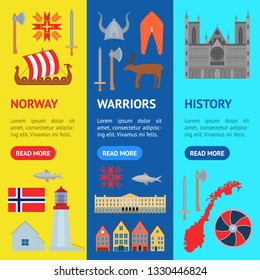 Cartoon Norwegian Travel and Tourism Banner Vecrtical Set Norway Concept Element Flat Design Style. Vector illustration of Landmarks Scandinavia