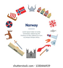 Cartoon Norwegian Travel and Tourism Banner Card Circle Norway Concept Element Flat Design Style. Vector illustration of Landmarks Scandinavia