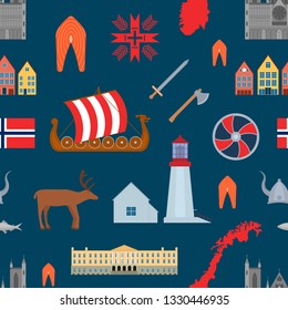 Cartoon Norwegian Travel and Tourism Seamless Pattern Background Norway Concept Element Flat Design Style. Vector illustration of Landmarks Scandinavia