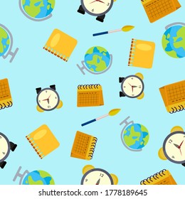 Cartoon Notebook, Earth Globe, Paintbrush, Alarm Clock, Calendar. Seamless Vector Pattern Design Background