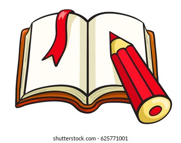 Cartoon notebook and red pencil. Vector sketch illustration. Isolated on white.
