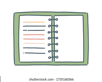 Cartoon notebook with spiral vector flat illustration. Colorful lined paper sheet for notes isolated on white background. Hand drawn clear blank with spring. Notepad with cover for writing memo